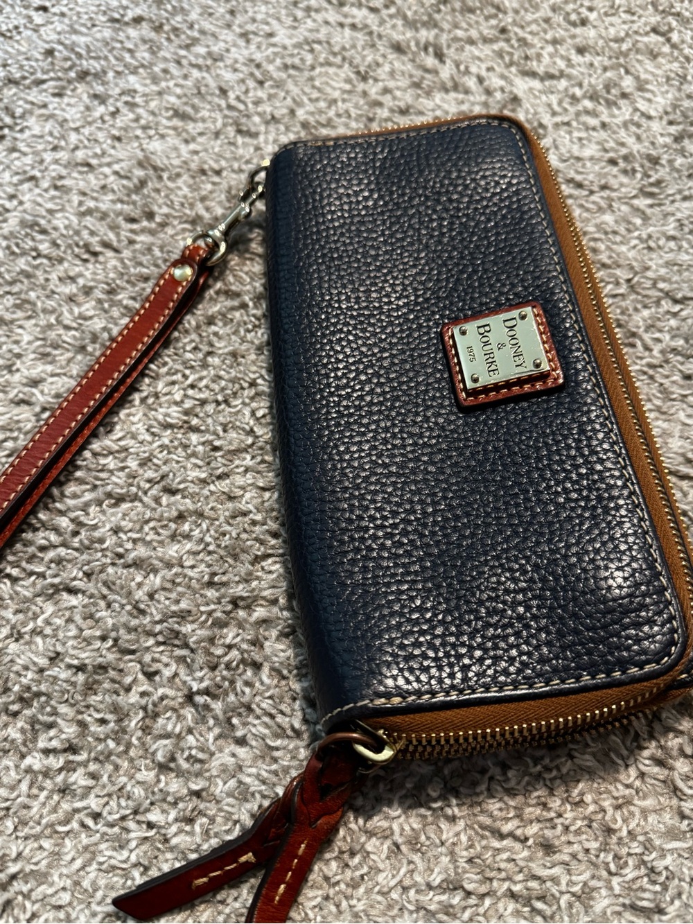 Dooney & Bourke Navy Pebbled Leather Zip Wristlet with Brown Trim